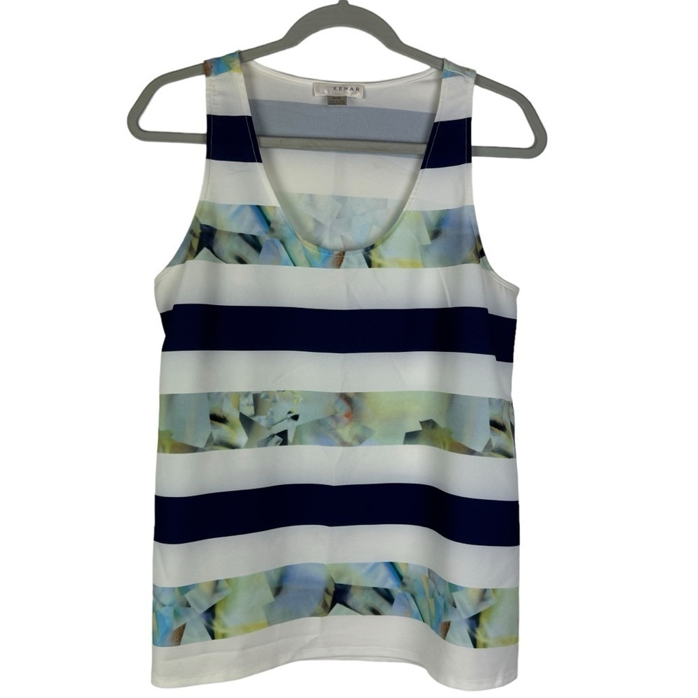 Kenar Lightwieght Scoop Neck Sleeveless Blouse Women's Medium White Navy Green - Picture 5 of 8